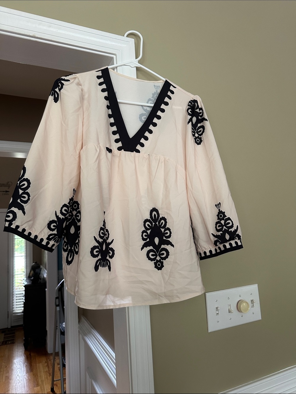 Embroidered V-Neck Boho Top in Light Pink with Black Trim